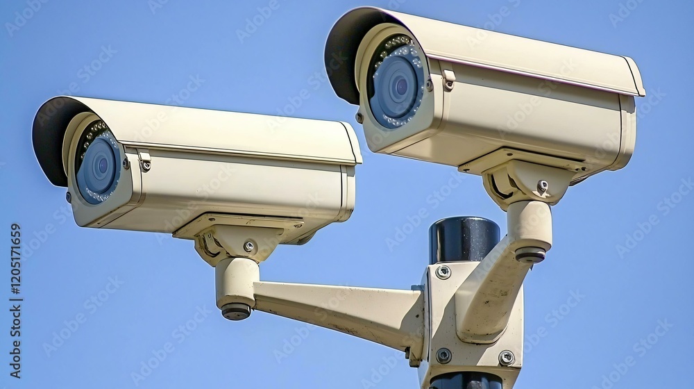 A security camera mounted on the side of a corporate building, offering wide surveillance coverage of the surrounding urban area A security camera mounted on the side of a corporate building, offering wide surveillance coverage of the surrounding urban area