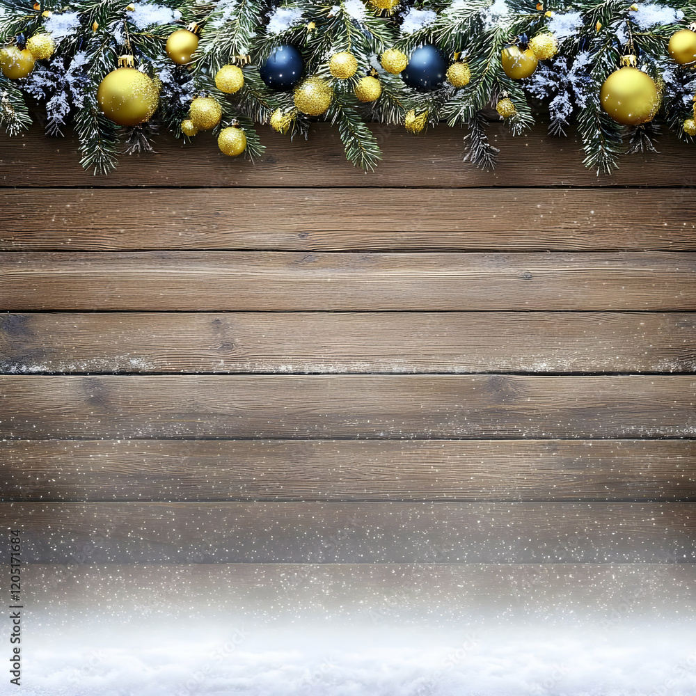 Naklejka premium Christmas Ornaments and Pine Branches Decorated on a Rustic Wooden Background with Snow