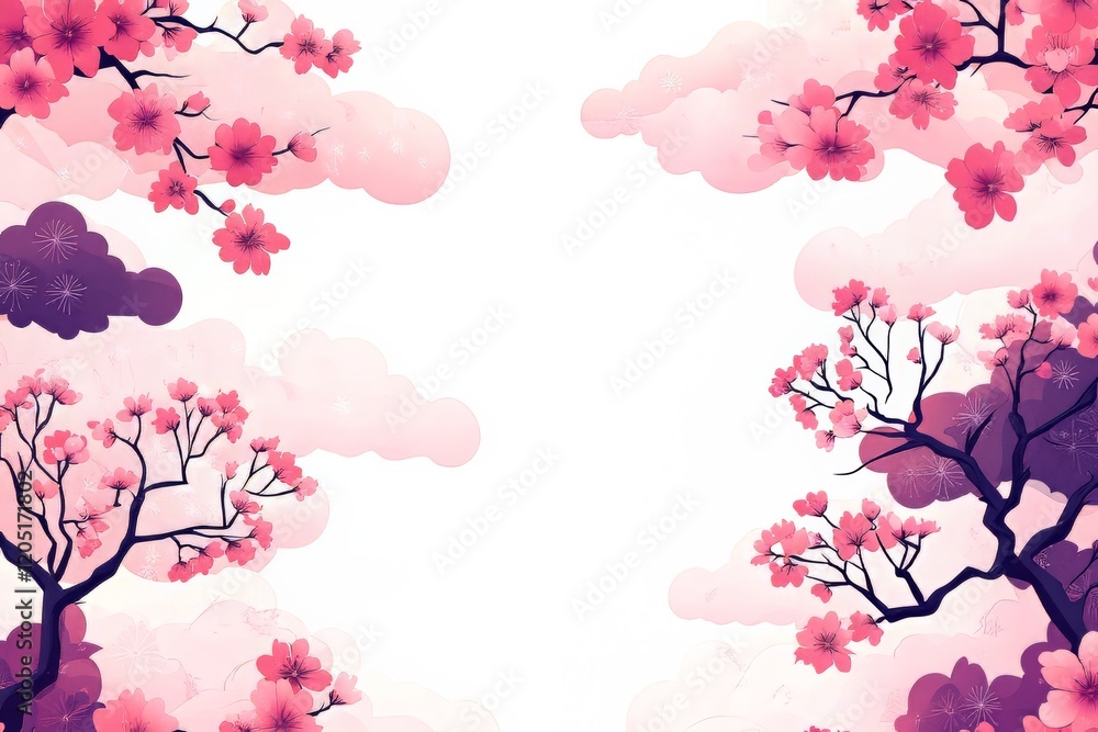 Delicate pink cherry blossoms framing a serene white background. Delicate pink cherry blossoms framing a serene white background.