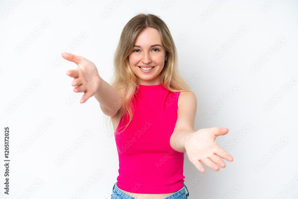 Blonde English young girl isolated on white background presenting and inviting to come with hand