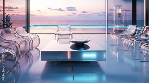 A futuristic beachfront loft with sleek metal furniture and reflective surfaces. Transparent acrylic chairs surround a minimalistic coffee table