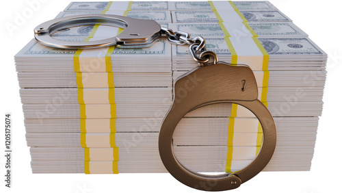 Handcuffs on bundles of money. Black money, crime and punishment, prison concept. Transparent PNG background 3D illustration