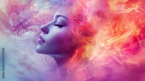 Surreal art with a woman's face surrounded by colorful smoke