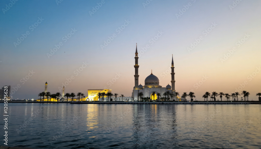 Stunning Mosque at Sunset Waterfront View Stunning Mosque at Sunset Waterfront View