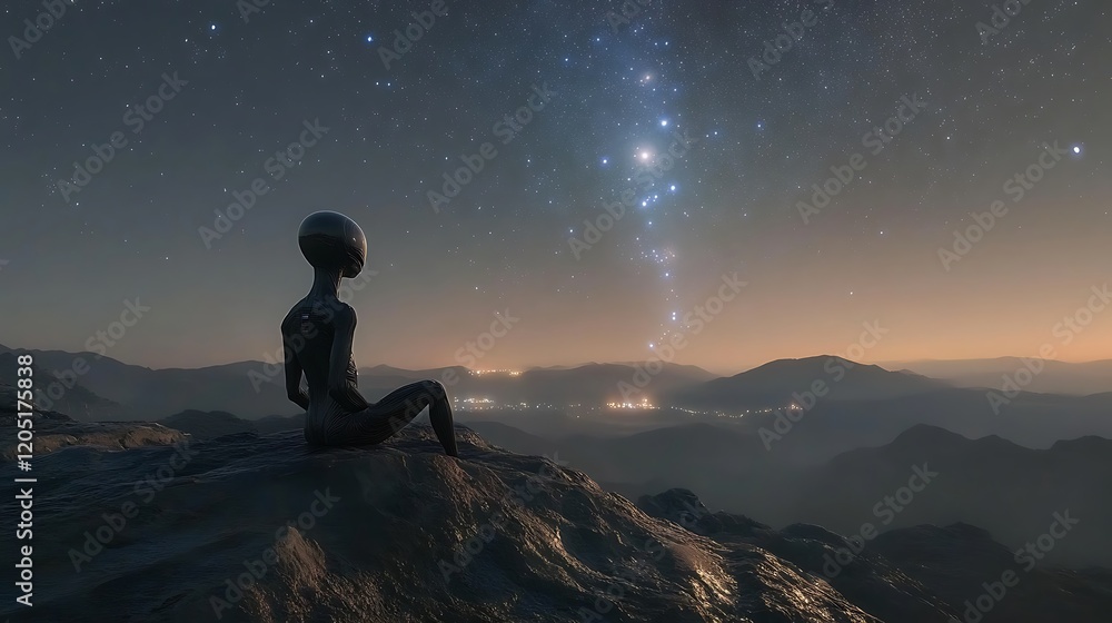 An alien watches from a rocky plateau as a nearby star system glows brilliantly in the distance An alien watches from a rocky plateau as a nearby star system glows brilliantly in the distance