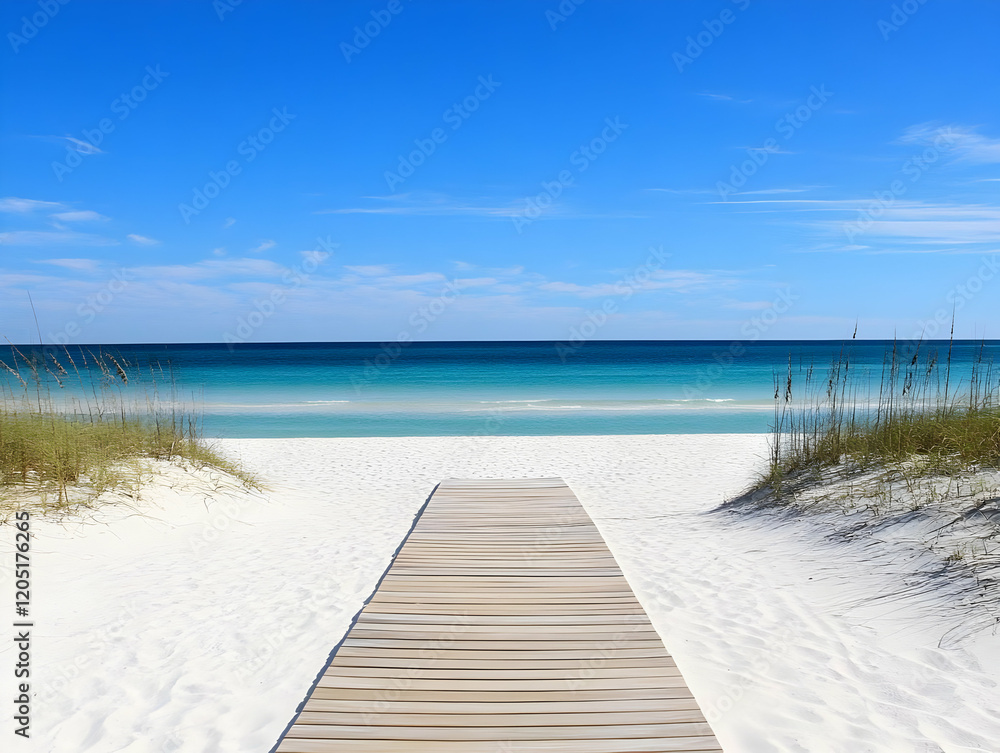 Naklejka premium Wooden Boardwalk Leads to Tranquil Beach with White Sand and Clear Turquoise Water Under a Bright Blue Sky.
