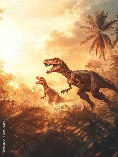 Two dinosaurs running through a lush prehistoric landscape at sunset.