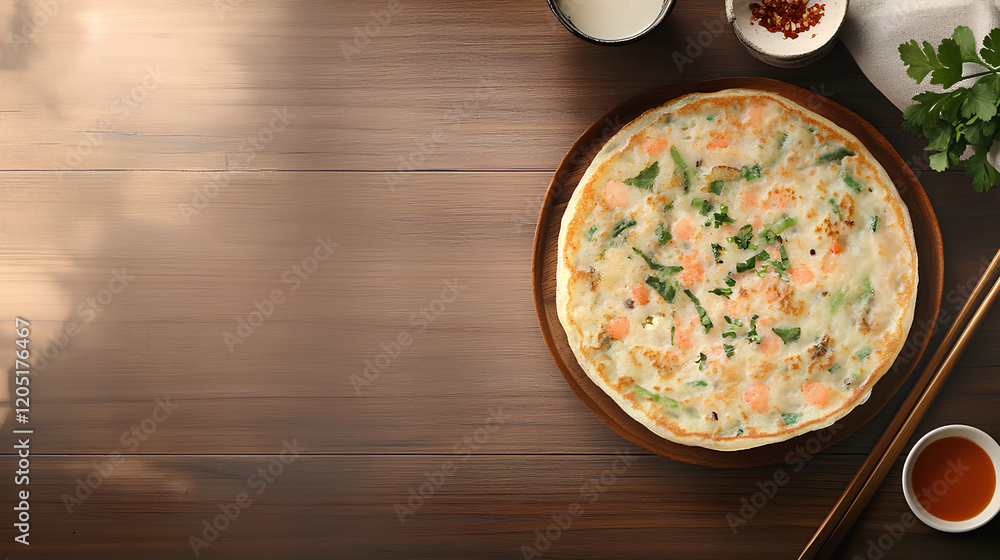 Korean Seafood Pancake Haemul Pajeon with Dipping Sauce on Rustic Wooden Tableware Korean Seafood Pancake Haemul Pajeon with Dipping Sauce on Rustic Wooden Tableware