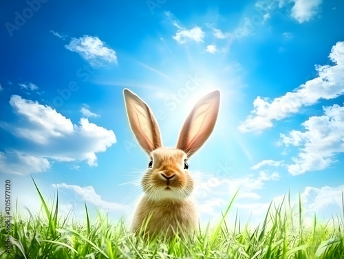 Cute Rabbit Sits in Lush Gr...