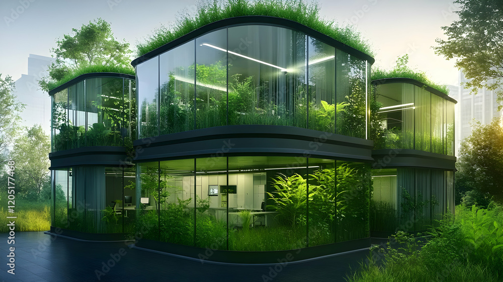 Fototapeta premium Modern Glass Office Buildings Integrate Nature Seamlessly with Lush Greenery