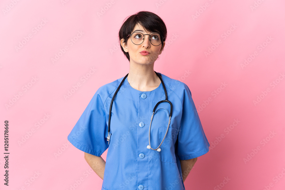 Surgeon isolated on pink background and looking up Surgeon isolated on pink background and looking up