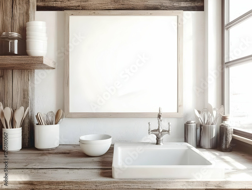 Blank Frame Mockup in Rustic Kitchen with Wooden Shelves and White Sink