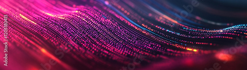 Abstract digital wave of glowing lines in vibrant pink and blue hues, symbolizing modern technology innovations. photo