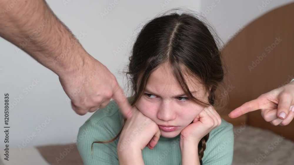 Parents scolding little girl at home. Sad kid ignoring them. Child having bad mood and feeling upset. Family conflict Parents scolding little girl at home. Sad kid ignoring them. Child having bad mood and feeling upset. Family conflict