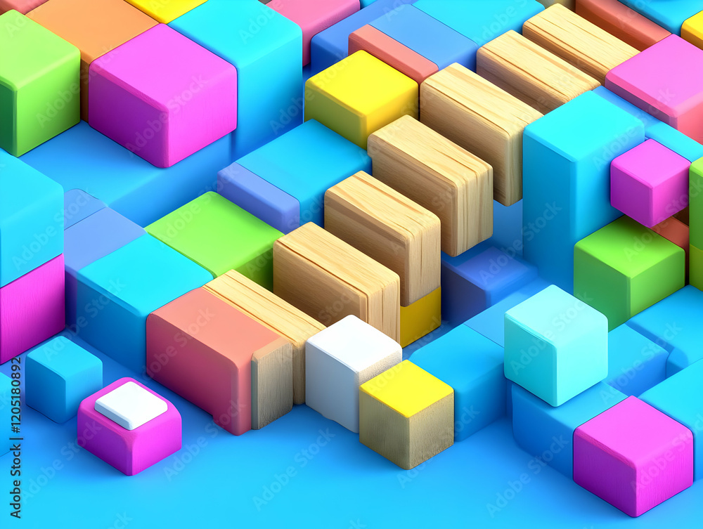 3D Render of Colorful Cubes and Wooden Planks Creating an Abstract Composition on a Blue Background. 3D Render of Colorful Cubes and Wooden Planks Creating an Abstract Composition on a Blue Background.