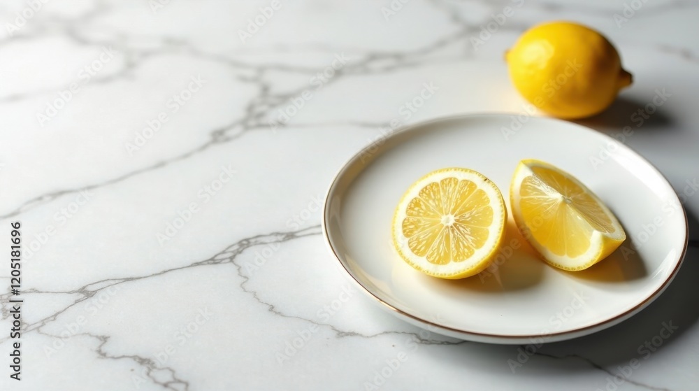A refreshing image of halved lemons on a minimalist plate, resting on a sleek marble surface A refreshing image of halved lemons on a minimalist plate, resting on a sleek marble surface