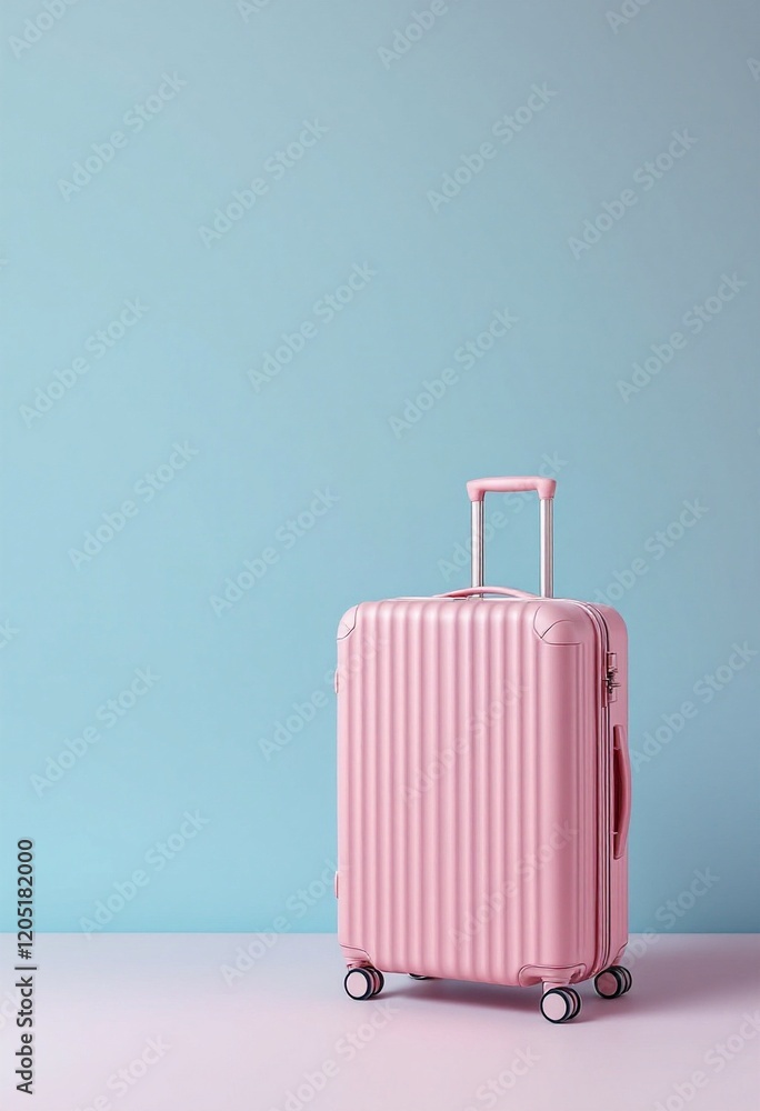 Pink striped suitcase on pastel background. Travel, vacation concept. Luggage for summer trip. Minimalist style. Trendy color. Copy space Pink striped suitcase on pastel background. Travel, vacation concept. Luggage for summer trip. Minimalist style. Trendy color. Copy space