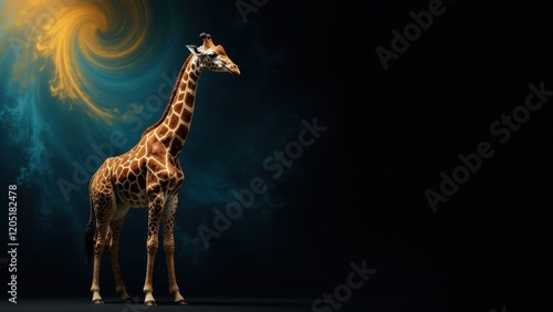 A graceful giraffe stands against a swirling, dark teal and gold backdrop, its elegant form silhouetted against the mysterious background.