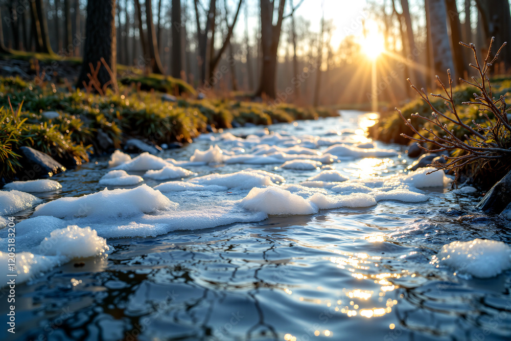 Naklejka premium Thawing River in Early Spring, Ice Melting, Fresh Greenery