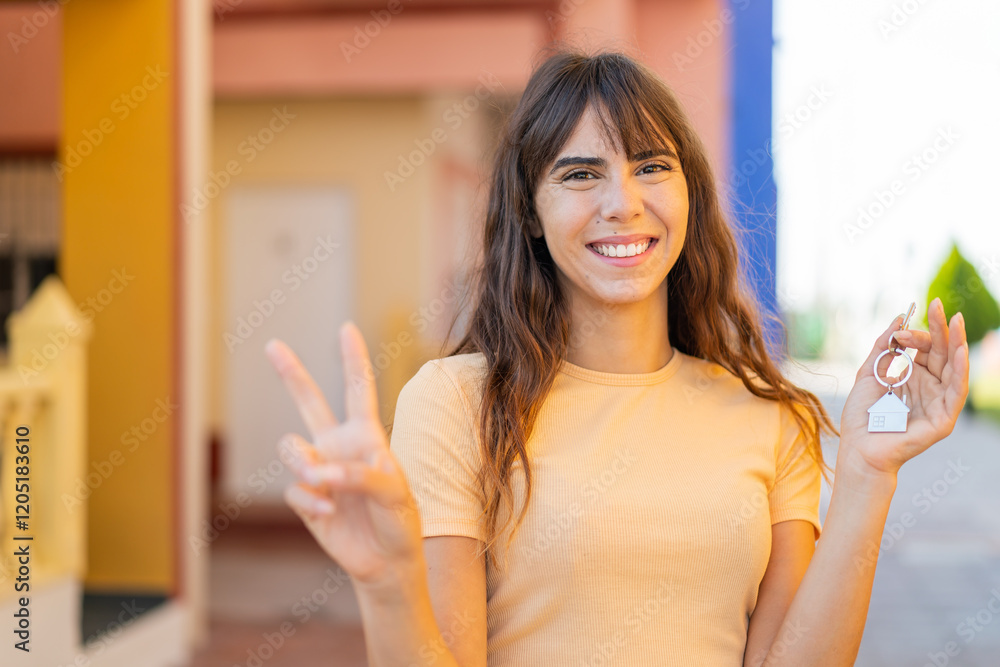 Young woman holding home keys at outdoors smiling and showing victory sign Young woman holding home keys at outdoors smiling and showing victory sign