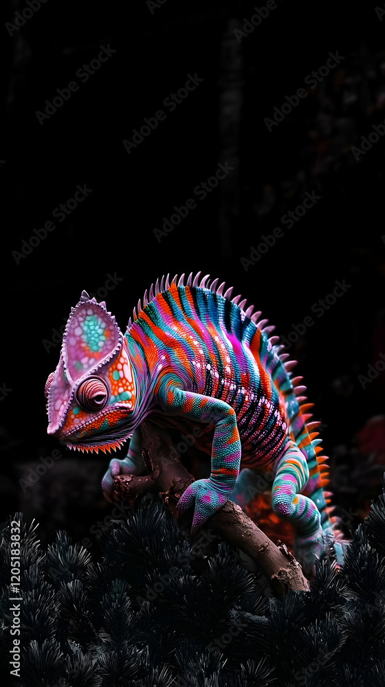 Fototapeta premium Vivid Chameleon Perches on a Branch Against a Dark Backdrop