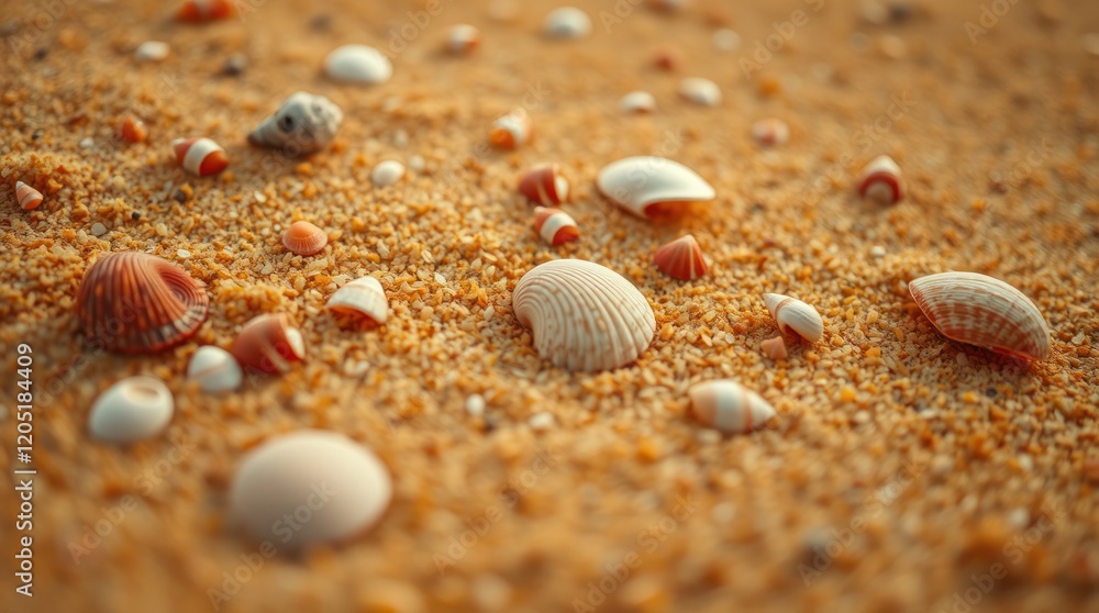 beach with golden sand, varied seashells, detailed textures. Warm, natural light; reds, oranges, and yellows dominate the image beach with golden sand, varied seashells, detailed textures. Warm, natural light; reds, oranges, and yellows dominate the image