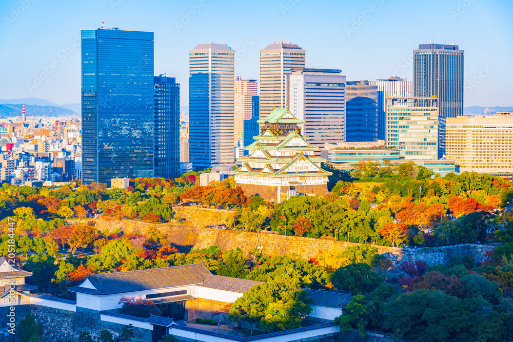 Fototapeta premium Japan - November 27, 2024 : Osaka Castle in autumn, among colorful maple tree garden, one of most famous landmark of Osaka