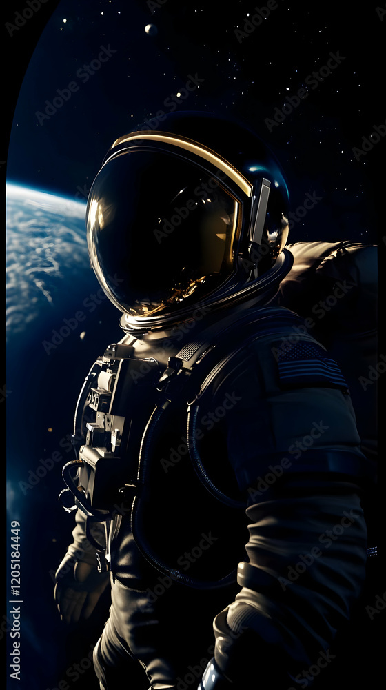 Fototapeta premium Astronaut floats in space, gazing at Earth's beauty, a cosmic journey unfolds. Exploration continues.