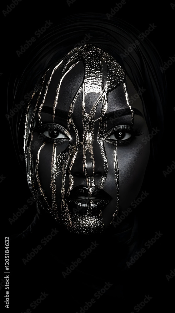 3D Render of a Woman with Black Skin and Silver Paint Dripping on Face Against Black Background 3D Render of a Woman with Black Skin and Silver Paint Dripping on Face Against Black Background