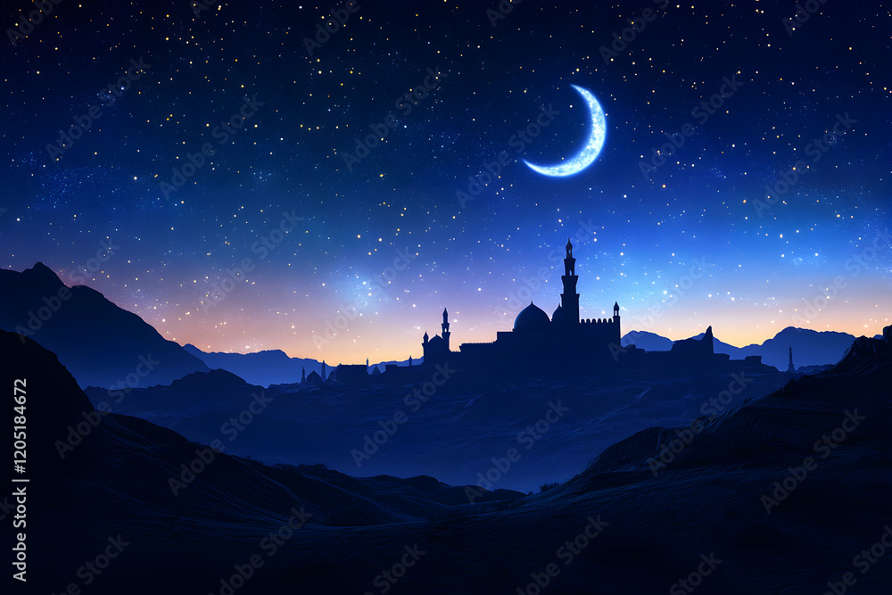 Serene Night in Desert City: Crescent Moon and Starry Sky Over Mosque Silhouette Serene Night in Desert City: Crescent Moon and Starry Sky Over Mosque Silhouette