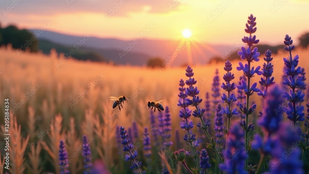 Naklejka premium Golden Hour Serenity Two Honeybees in Flight Over a Field of Lavender at Sunset