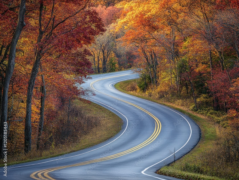 A winding road lined with vibrant autumn trees A winding road lined with vibrant autumn trees