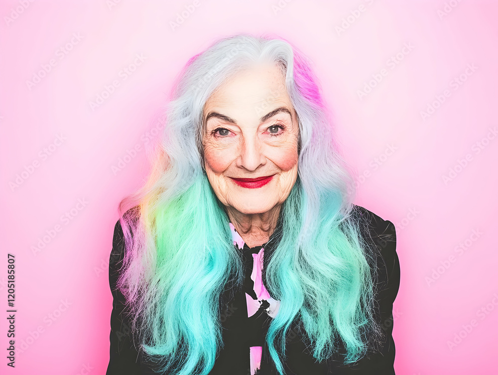Elderly Woman with Rainbow Hair Smiles Confidently against a Pink Backdrop Elderly Woman with Rainbow Hair Smiles Confidently against a Pink Backdrop