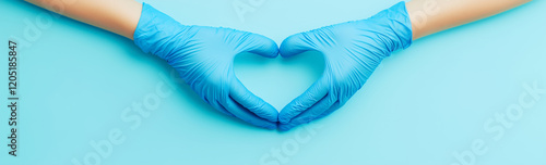 Hands in blue medical gloves forming a heart shape on a light pastel background, with a banner and copy space area for text. Healthcare concept.