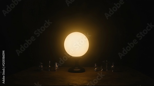 Illuminated Orb and Chess Pieces on Dark Table photo