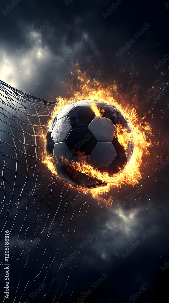 Fototapeta premium Fiery Soccer Ball Blazes Through Goal Net Under Dramatic Sky