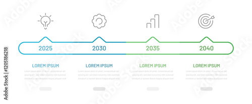 Timeline of the infographic. Horizontal thin linear four-step chart for presentation. The concept of achieving the company's success in 4 stages.