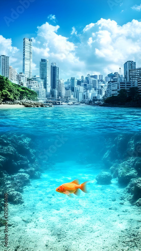Goldfish swims below surfac...