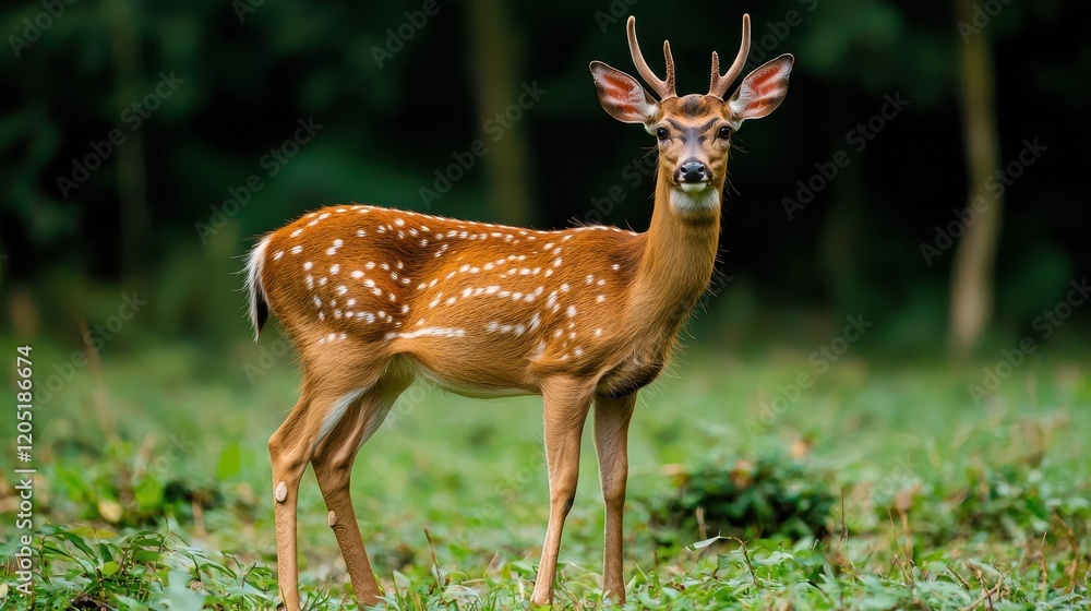 A young deer with spotted fur stands in a lush green environment, showcasing its antlers and alert expression. A young deer with spotted fur stands in a lush green environment, showcasing its antlers and alert expression.