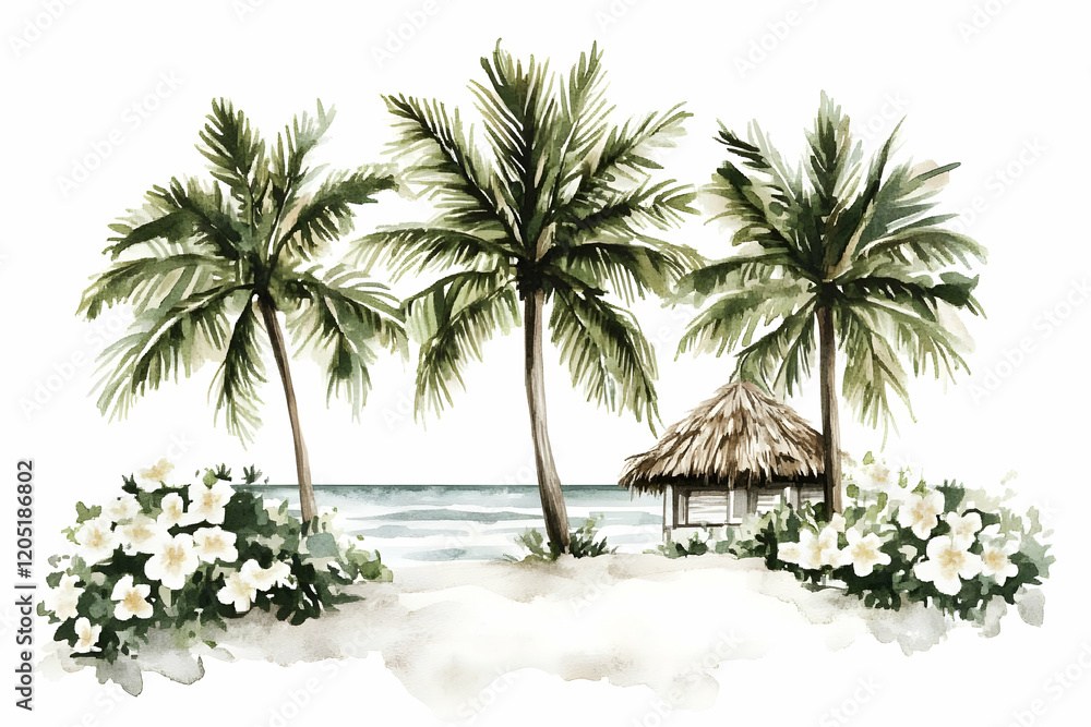 Watercolor Tropical Beach Scene with Palm Trees, Hut, and White Flowers Tranquilly on White Background Watercolor Tropical Beach Scene with Palm Trees, Hut, and White Flowers Tranquilly on White Background