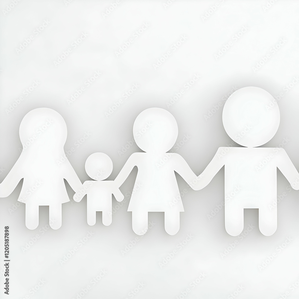 White Family Paper Cutouts Hold Hands on a White Background White Family Paper Cutouts Hold Hands on a White Background