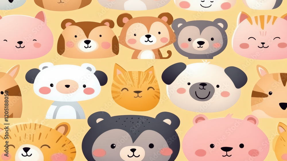 Explore this adorable pattern of cartoon animals with cute bears, cats, and dogs, perfect for kids' room decor. Explore this adorable pattern of cartoon animals with cute bears, cats, and dogs, perfect for kids' room decor.