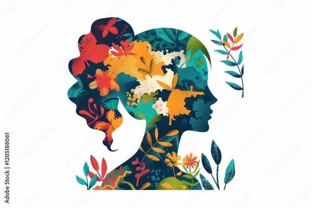 Woman's face is drawn in a colorful, flowery style Woman's face is drawn in a colorful, flowery style