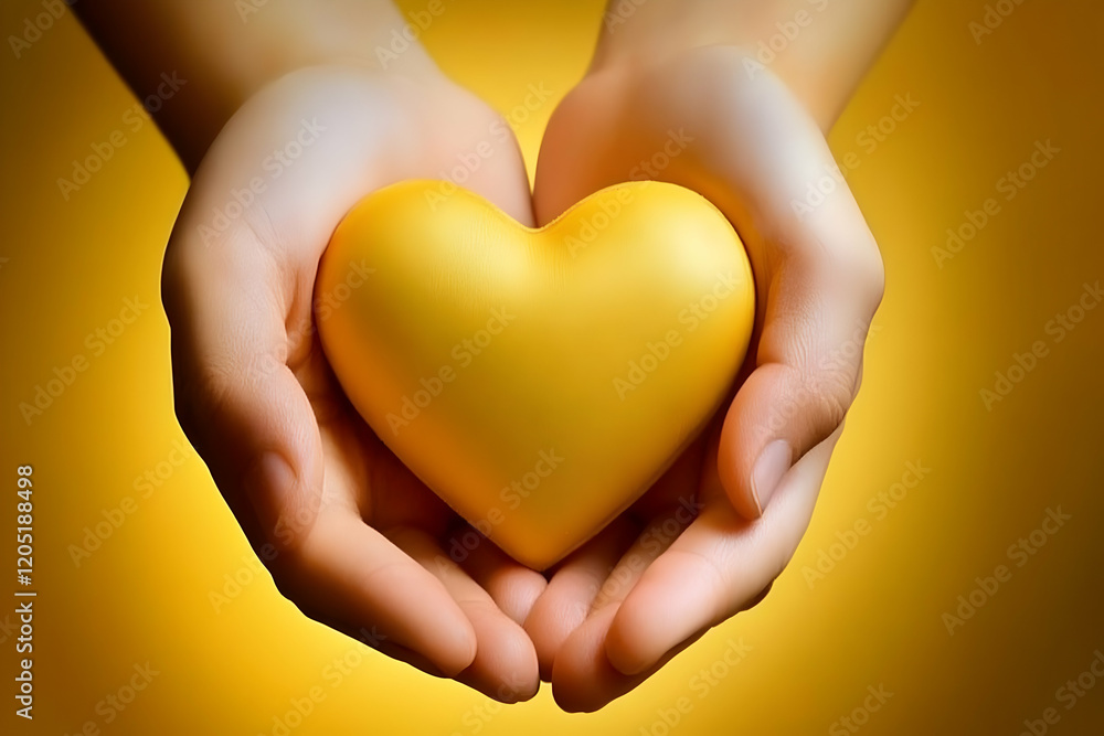 Obraz premium Two Hands Gently Hold a Golden Heart, Symbolizing Love, Care, and Affection on a Yellow Background.