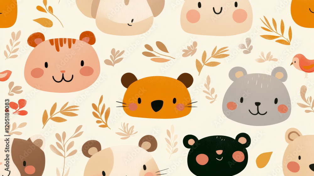 Fototapeta premium Adorable animal illustrations create a charming design, perfect for children's decor. Cute bear, tiger faces enhance playful vibe.