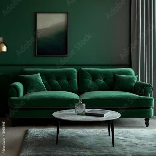 Elegant green velvet sofa sits gracefully in a sophisticated living room, bathed in soft natural light, creating a tranquil and inviting space. photo