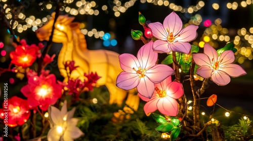 Illuminated Paper Lanterns, Floral Display, Festive Horse