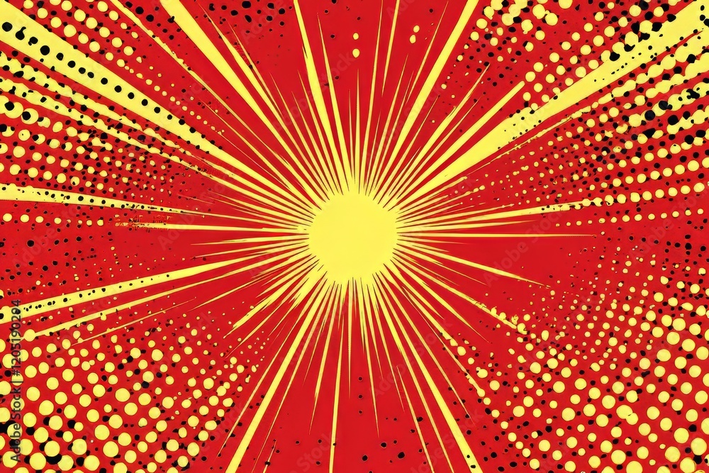 Fototapeta premium Dynamic yellow and red burst pattern with dots, creating a vibrant background.
