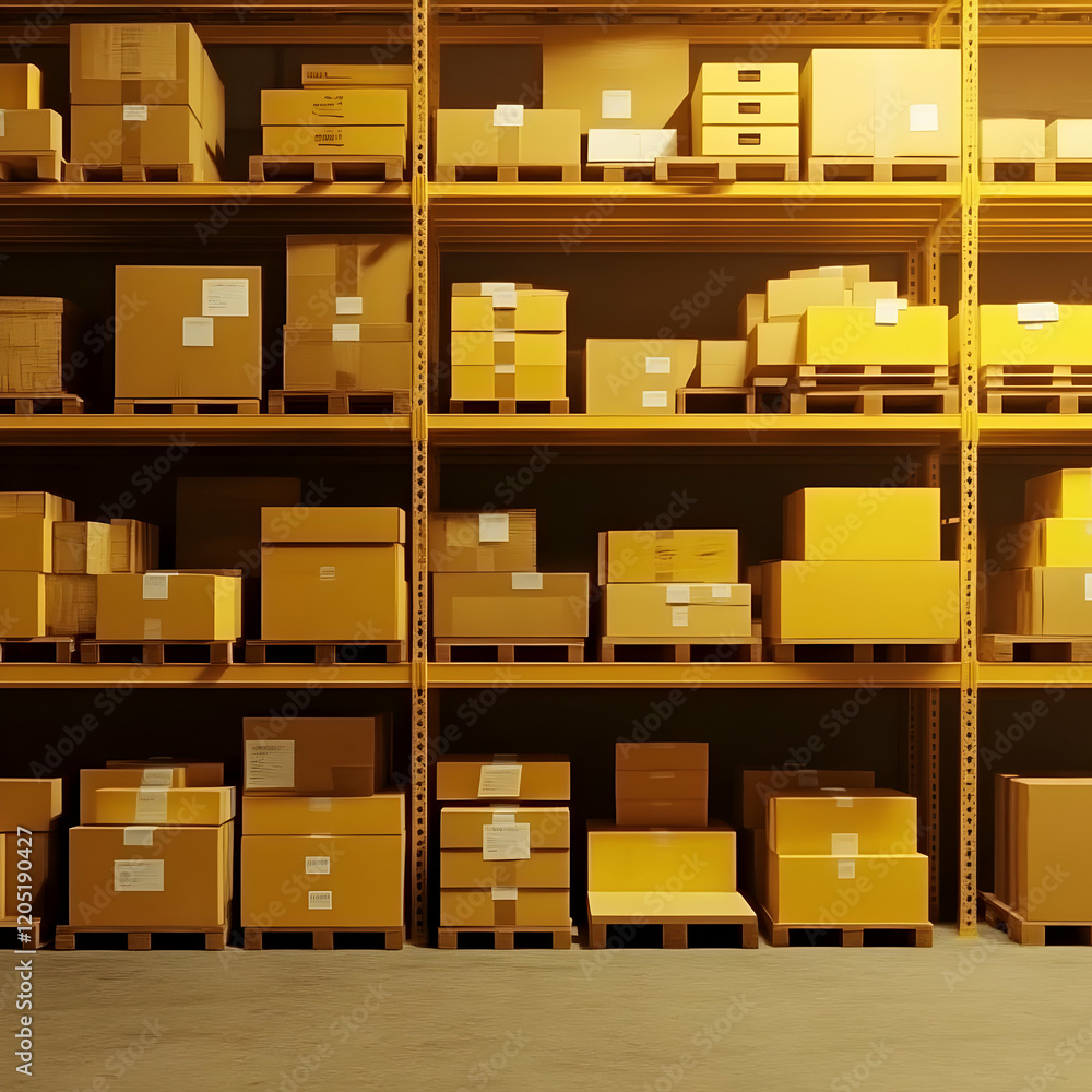 Cardboard Boxes Stacked Neatly on Wooden Pallets in Warehouse, Ready for Distribution Efficiently. Cardboard Boxes Stacked Neatly on Wooden Pallets in Warehouse, Ready for Distribution Efficiently.