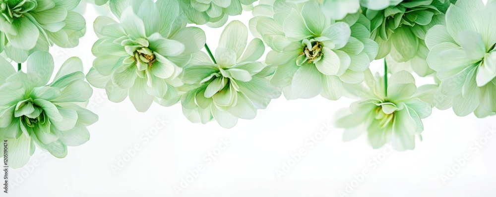 custom made wallpaper toronto digitalA serene arrangement of soft green flowers against a white background, evoking tranquility and freshness.